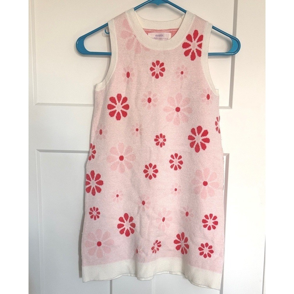 Evsie Girls Pink Floral Sleeveless Sweater Dress Size M 10 Daisy Knit NWT Retro